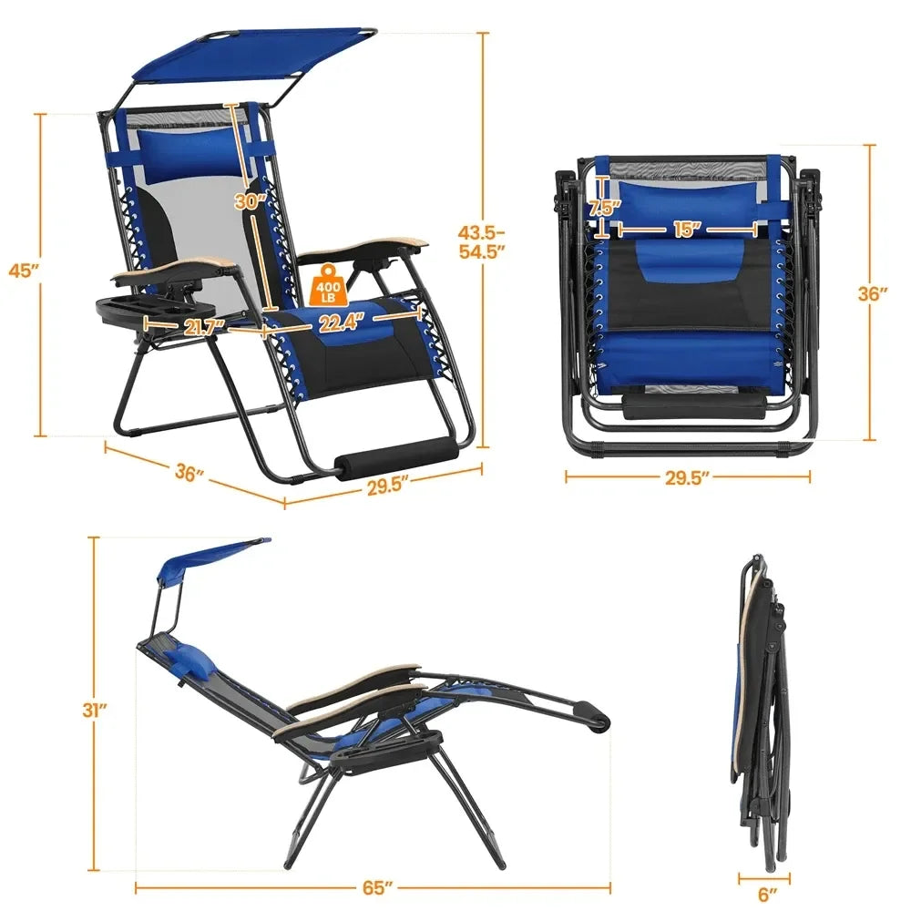 Outdoor Zero Gravity Chair XL Foldable Reclining Lounge Chair With Adjustable Sun Shade Cupholder Pillow Camping Chair For Pool