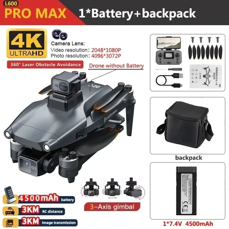 L600 PRO MAX GPS Drone Professional 4K 3-Axis PTZ HD Dual Camera Obstacle Avoidance Brushless Motor 5G WIFI RC Quadcopter Toys