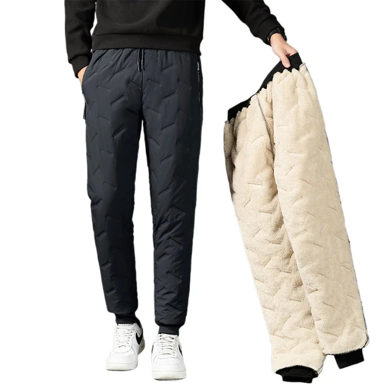 Men Plush Thick Fleece Waterproof Sweatpant Winter Windproof Casual Pants Heavyweight Pants Lambswool Warm Trousers Outerwear
