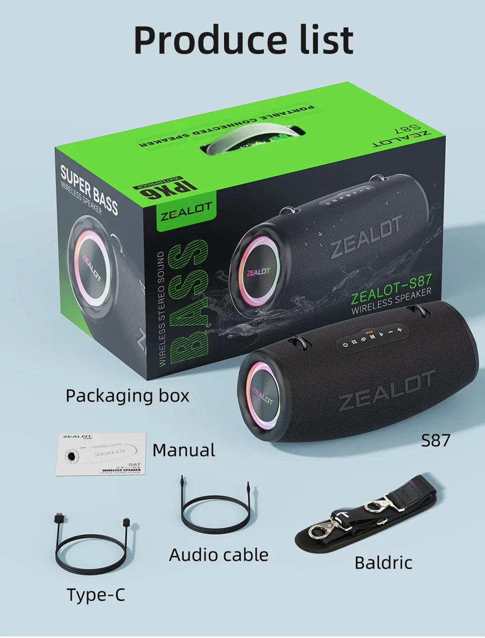 ZEALOT S87 Outdoor Portable Wireless Bluetooth Speaker 80W High Volume Subwoofer Sound Performace IPX6 Waterproof camping.