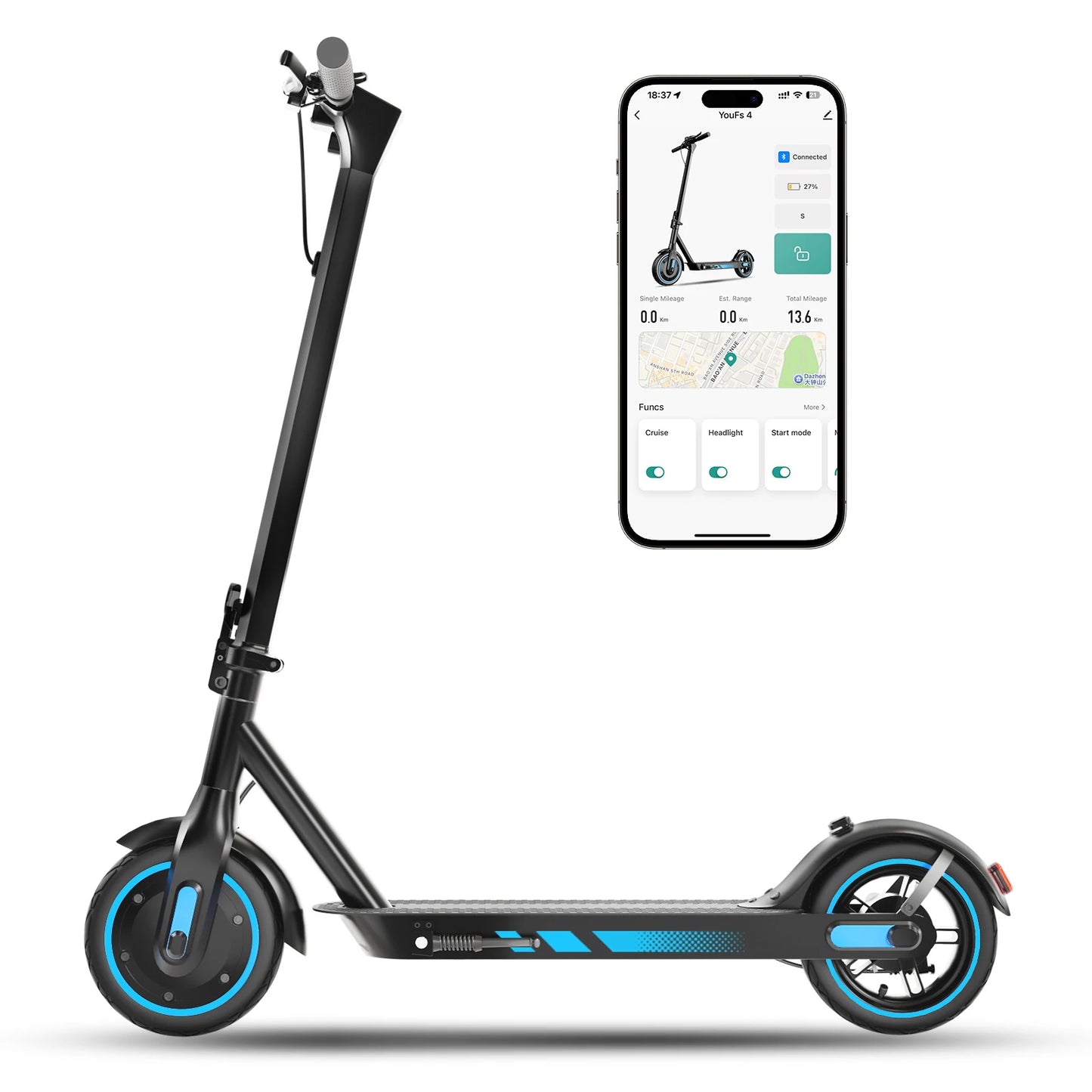HiQiS V10 E-scooter 500WMotor 36V 10.5Ah 25MPH Speed 22mile Range Foldable E-scooter 10inch Air Tire Electric Scooter for Adults