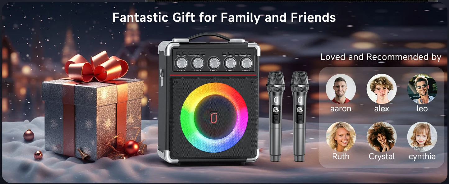 FanFun Karaoke Speaker, Bluetooth Speaker with 2 Microphones and LED Light, Portable Wireless Speaker, Outdoor Party Speaker