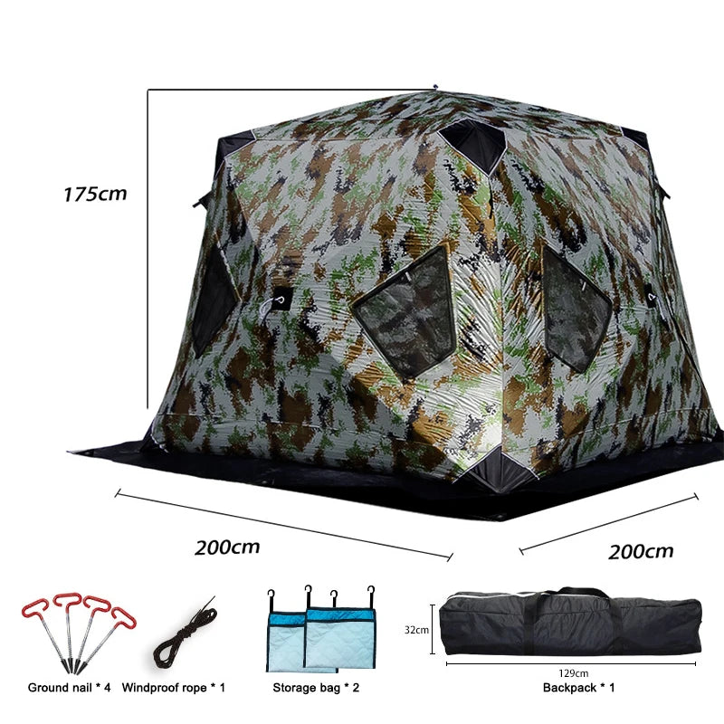 Winter Fishing & Camping Thickened Triangle Cotton Tent Double Door 4 Window Wind/Snowproof Ice Shelter for Outdoor Activities