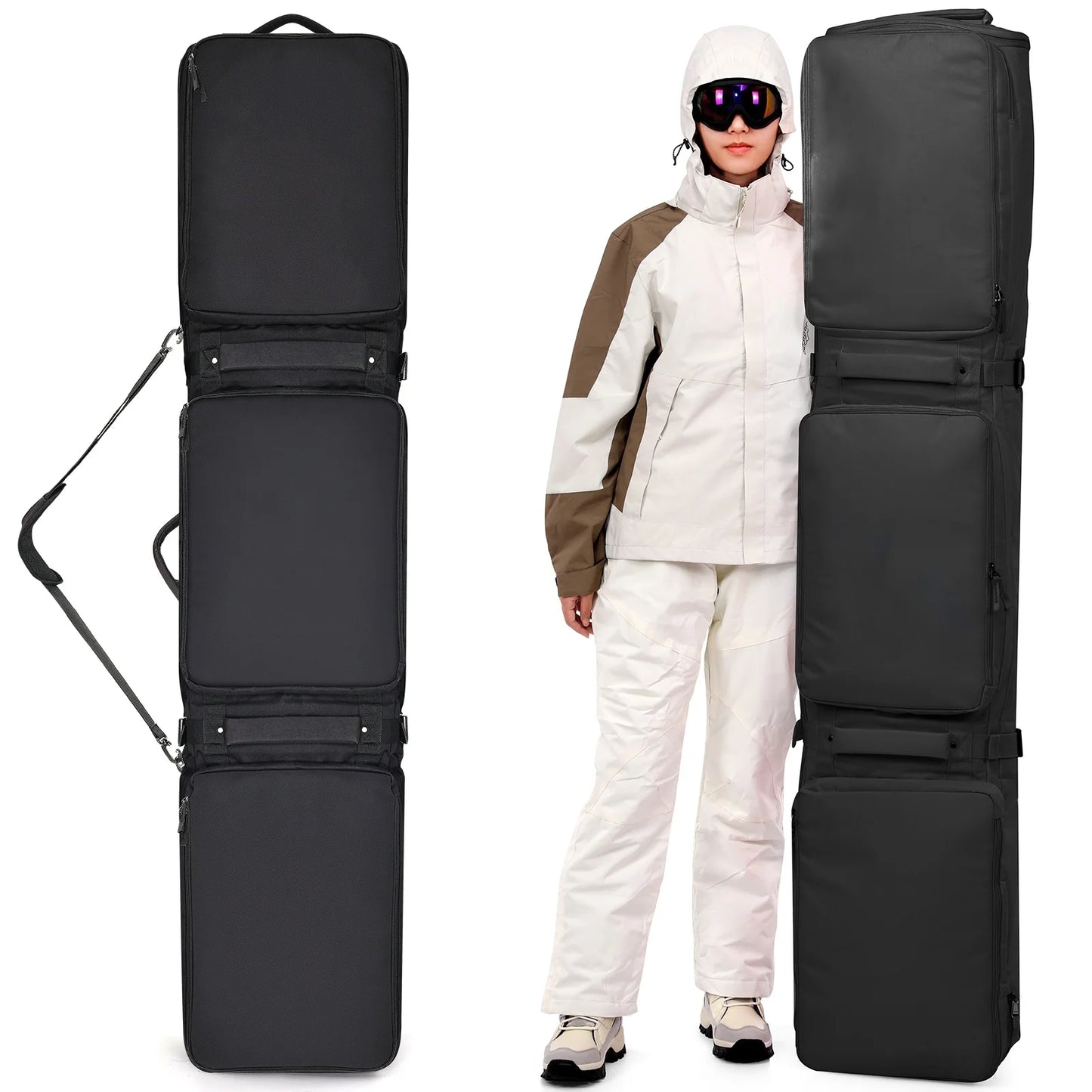 Pink/Black Winter Skiing Bag with Rolling Wheel Padded Polyester Waterproof Bag Adjustable Length 3 Separation Storage Board Bag
