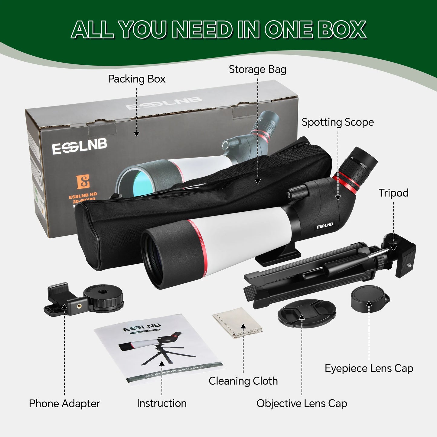 20-60X Zoom Spotting Scope 80mm FMC Lens HD Vision with Adjustable Tripod Mobile Holder Carry Bag for Hunting Bird Watching