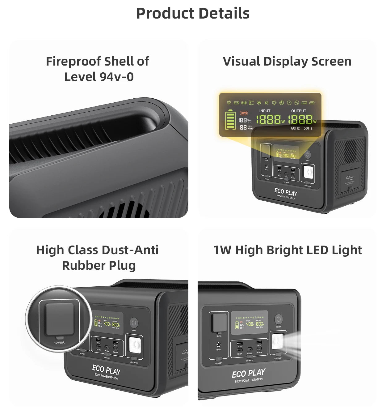 Eco Play Portable Power Supply, EP800 512Wh, LiFeP04 Battery with 800W (1600W Surge) AC Outlets for Outdoor Camping RV Home