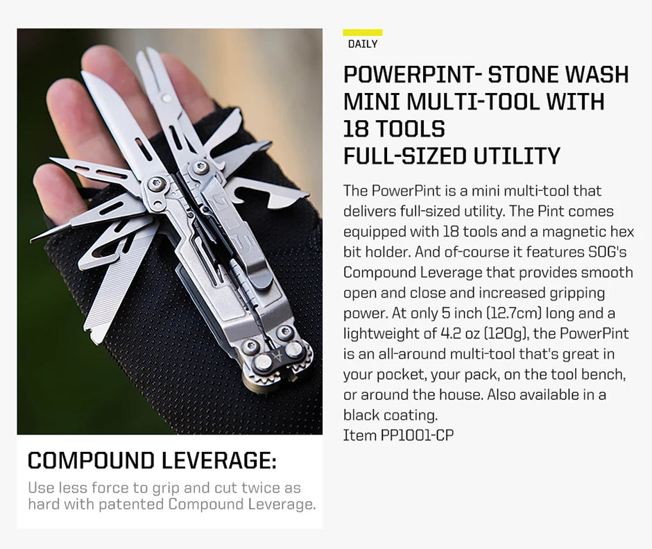 SOG PowerPint 18-in-1 Tactical Multi-Tool with Folding Pliers & Knife - Compact EDC Gear for Outdoor Camping, Survival & Hiking