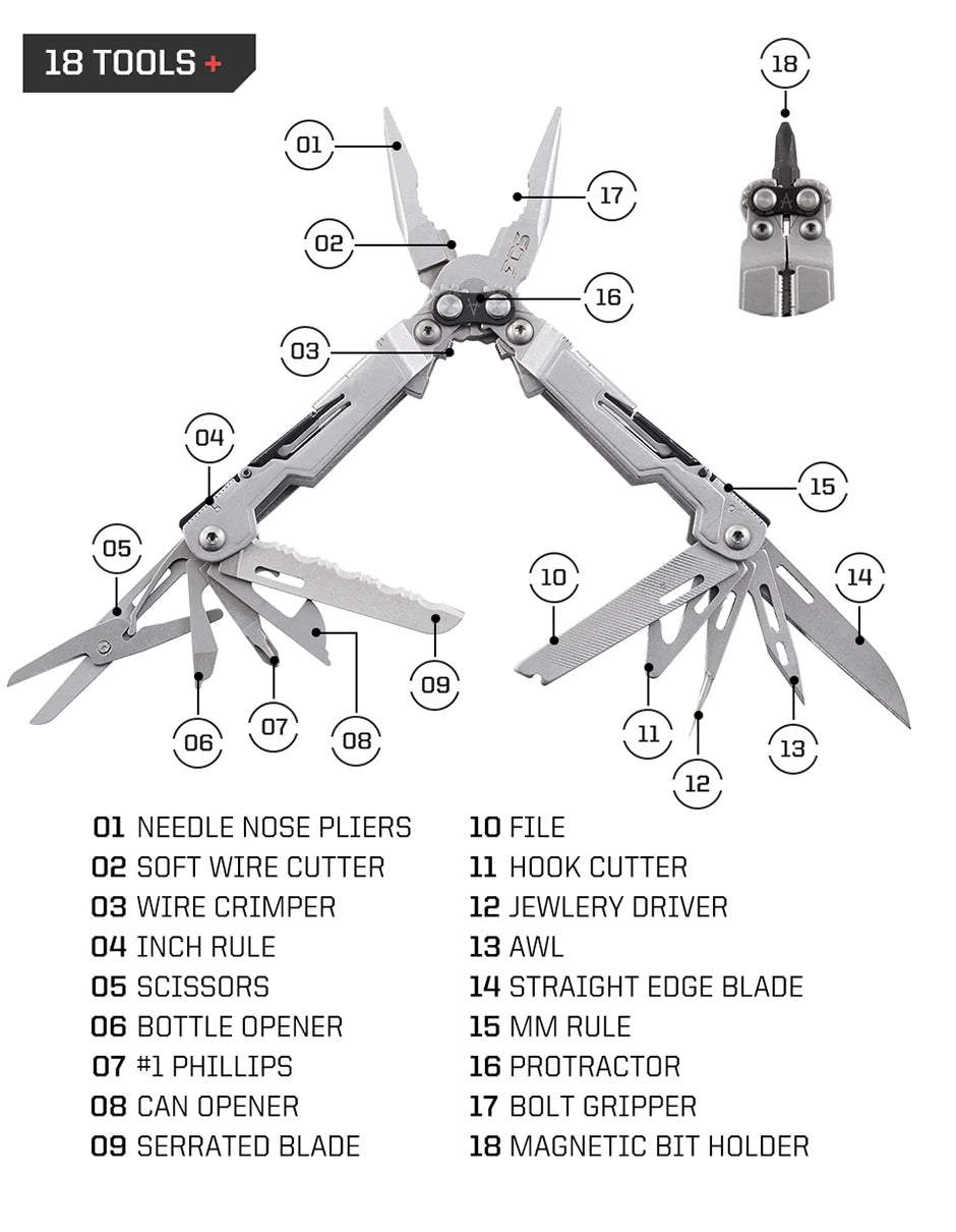 SOG PowerPint 18-in-1 Tactical Multi-Tool with Folding Pliers & Knife - Compact EDC Gear for Outdoor Camping, Survival & Hiking