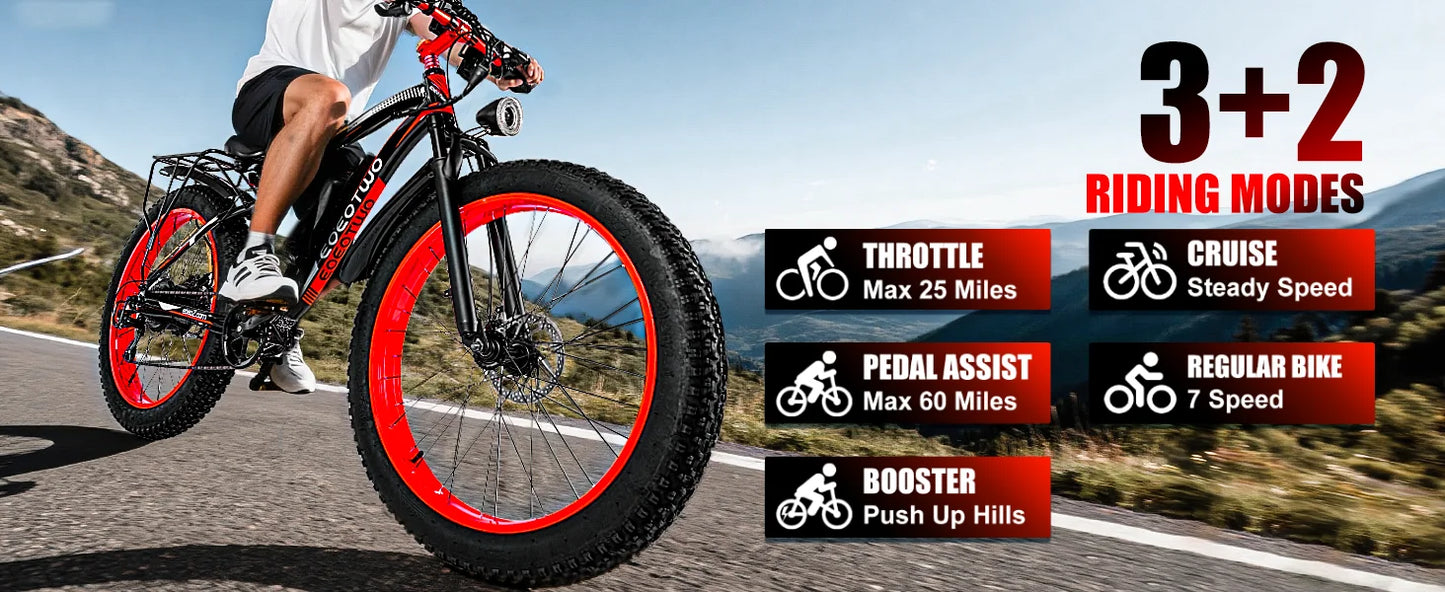 EOEOTWO E01 Electric Bike for Adults 1500W Peak Motor 26" Fat Tire Ebike 34MPH 60Miles Range UL2849 Certified Mountain Bicycle