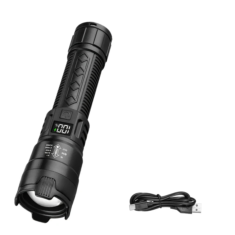 High Power 1000LM LED Flashlight Built-in Battery USB Rechargeable Strong Light Tactical Torch Outdoor Camping Hiking Lantern
