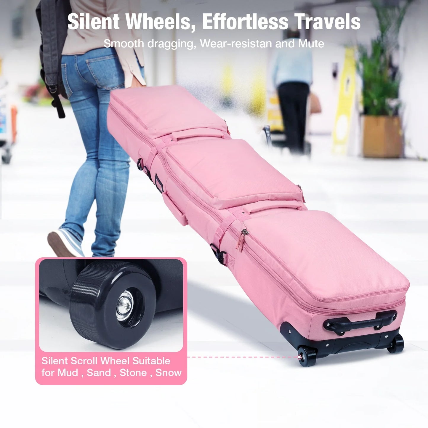 Pink/Black Winter Skiing Bag with Rolling Wheel Padded Polyester Waterproof Bag Adjustable Length 3 Separation Storage Board Bag