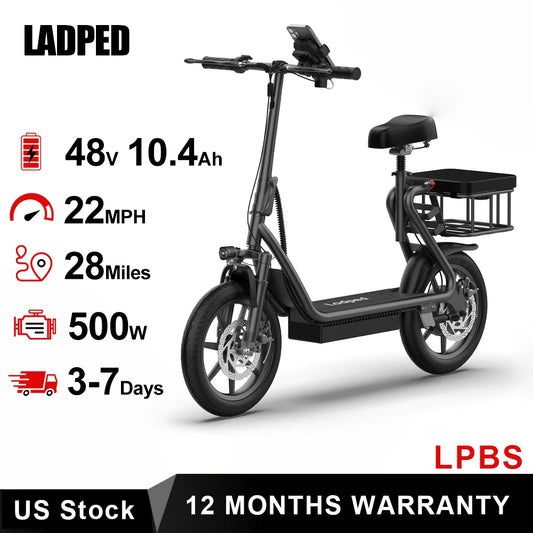 LADPED LPBS 500W 14inch Electric Bicycle 10.4AH Battery 28Miles Max Range 21MPH Max Speed Shock Absorption Foldable Adult Ebike