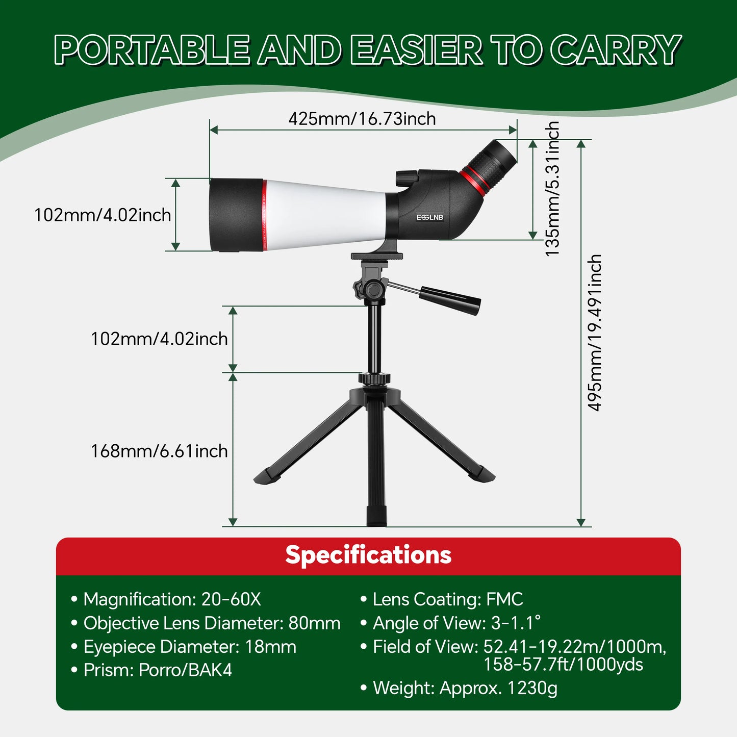 20-60X Zoom Spotting Scope 80mm FMC Lens HD Vision with Adjustable Tripod Mobile Holder Carry Bag for Hunting Bird Watching