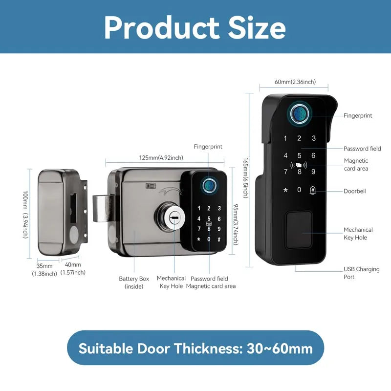 Tuya Waterproof Smart Door Lock Fingerprint Outdoor Garden Remote Control APP Card Digital Code Electronic Double Rim Lock﻿ ﻿
