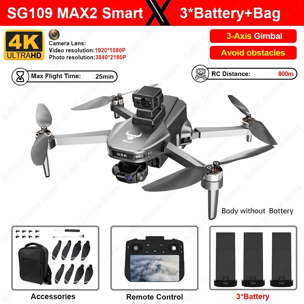 SG109 Max2 Drone With 4K Camera 3 Axis Stabilized Gimbal Mini Drone 360-degree Laser Obstacle Avoidance 4K HD Camera GPS Drones