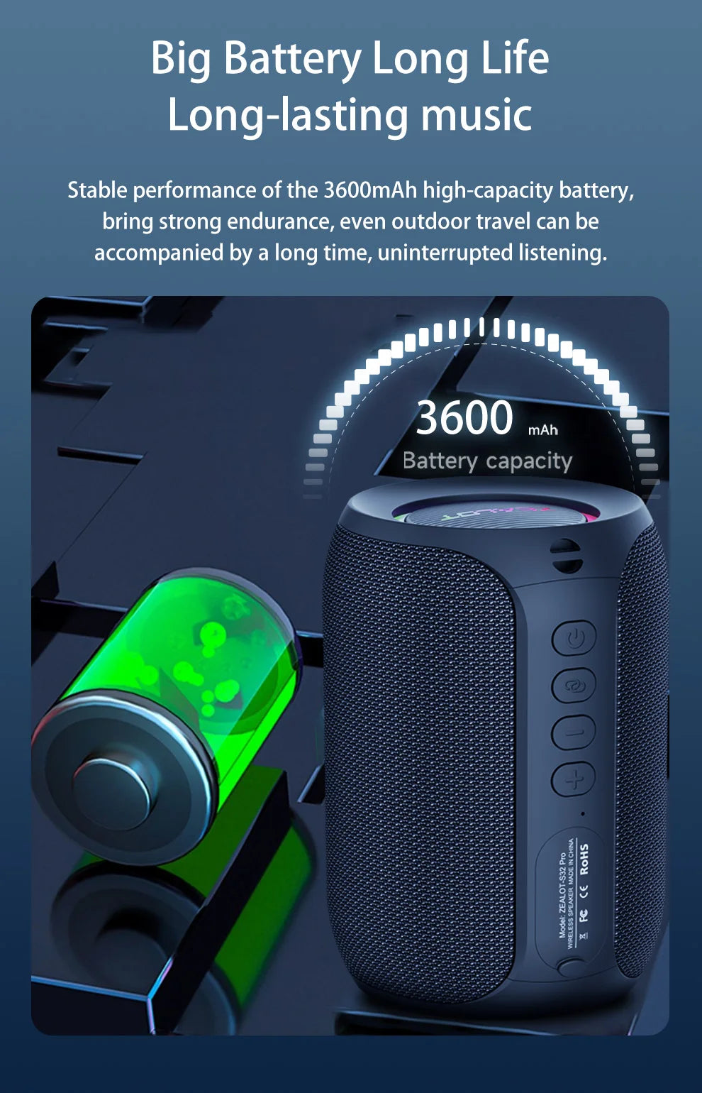 ZEALOT S32 pro Bluetooth Wireless Outdoor Portable Subwoofer Speaker Waterproof IPX6 Dual Pairing 3600mAh Wireless Speaker