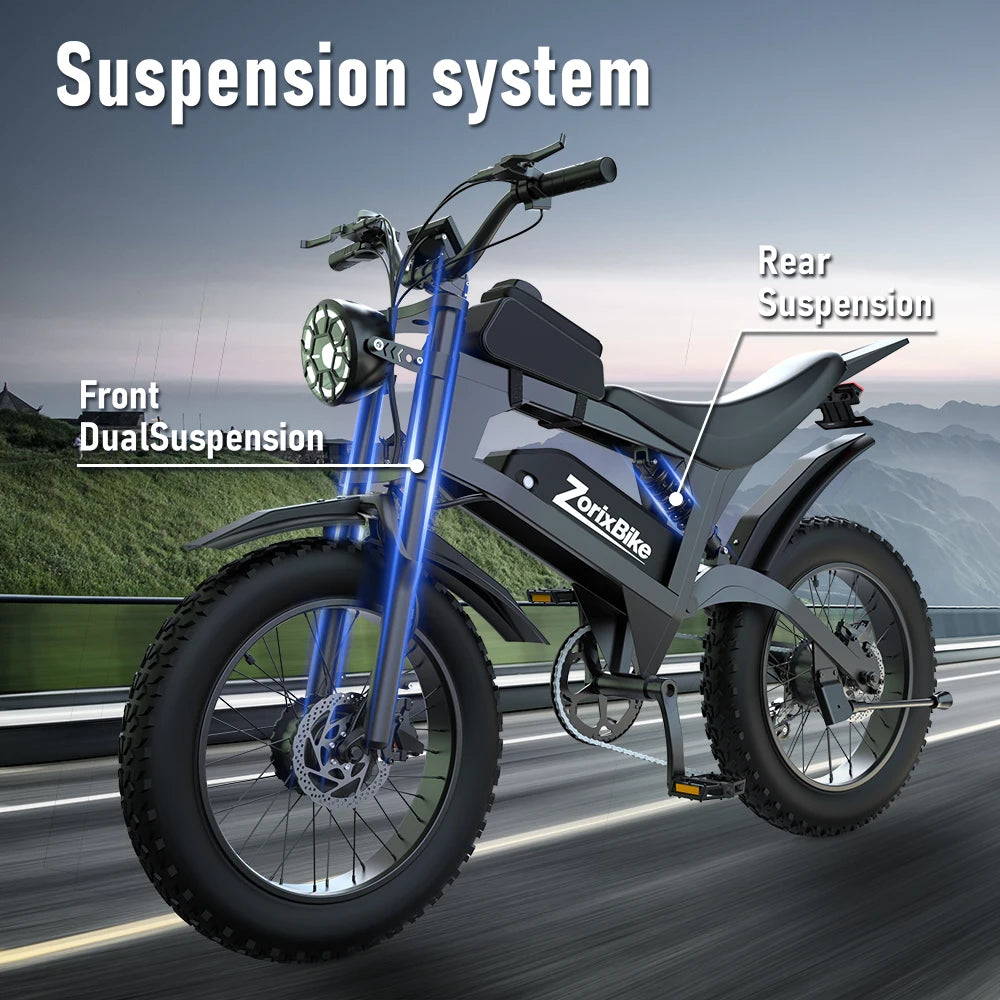 ZorixBike R8 Pro Electric Off-Road Bike 20x4.0 3000W 35Mph 80Mile 48V 20Ah,7 Speed Wide Tire All Terrain E-Bike For Adult