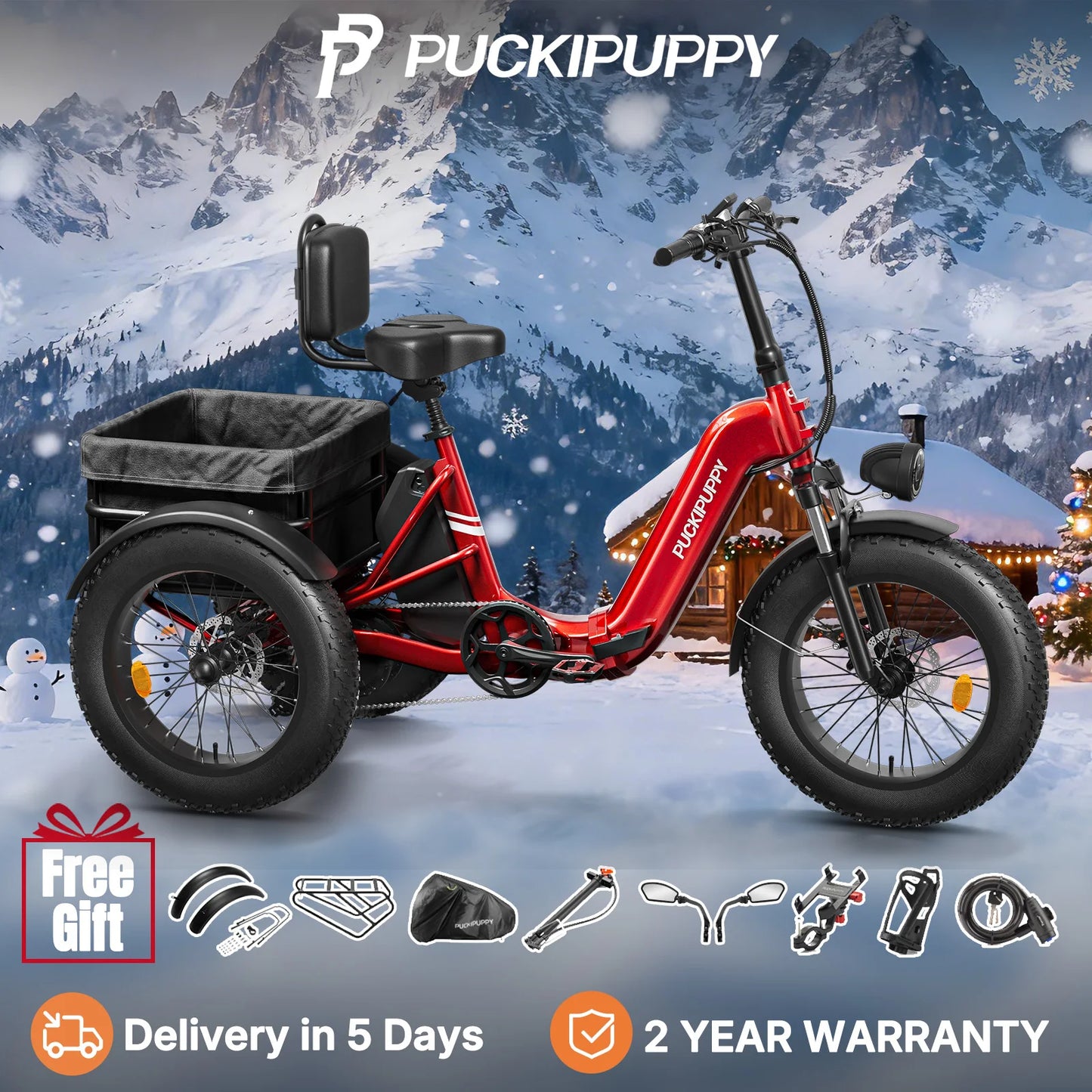 PUCKIPUPPY Husky Electric Trike for Adult 960W Peak Motor 60 Miles Range Tricycle 500 Lbs Load Electric Trike 2-Year Warranty
