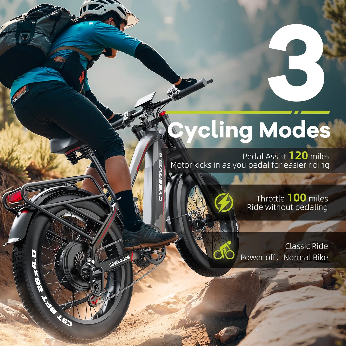 Cybervelo Strong Power Ebike, 5000w Motor Off Road Electric Bike, 100 Miles Long Range, 26"x4.0” Fat Tire, 40Ah Big Battery EK9