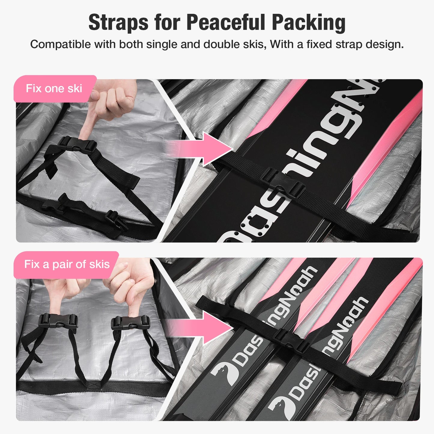Pink/Black Winter Skiing Bag with Rolling Wheel Padded Polyester Waterproof Bag Adjustable Length 3 Separation Storage Board Bag