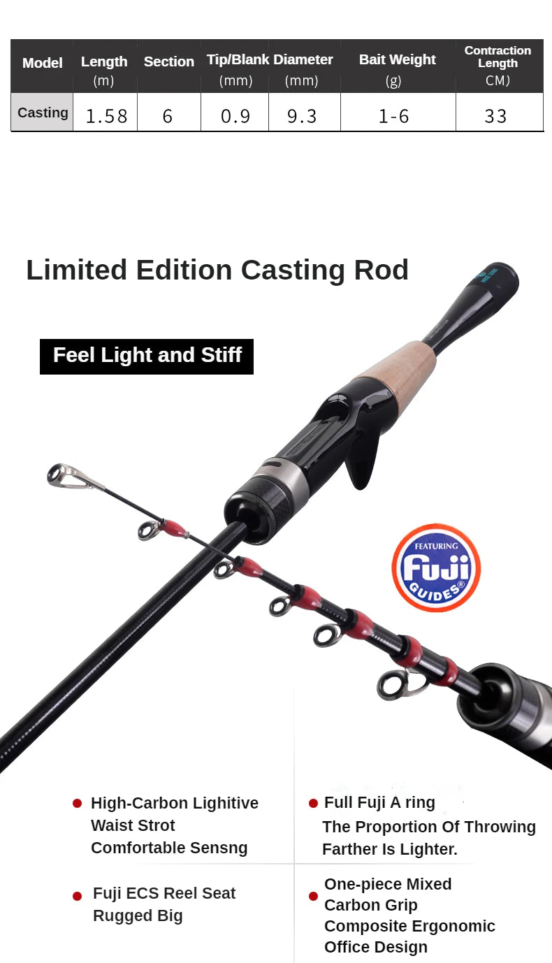 PURELURE 1.50m XUL BFS Telescopic Rod 5ft Travel Rod Trout Spinning Casting Solid Tip Carbon Fishing Rod Small Bait Perch Rod