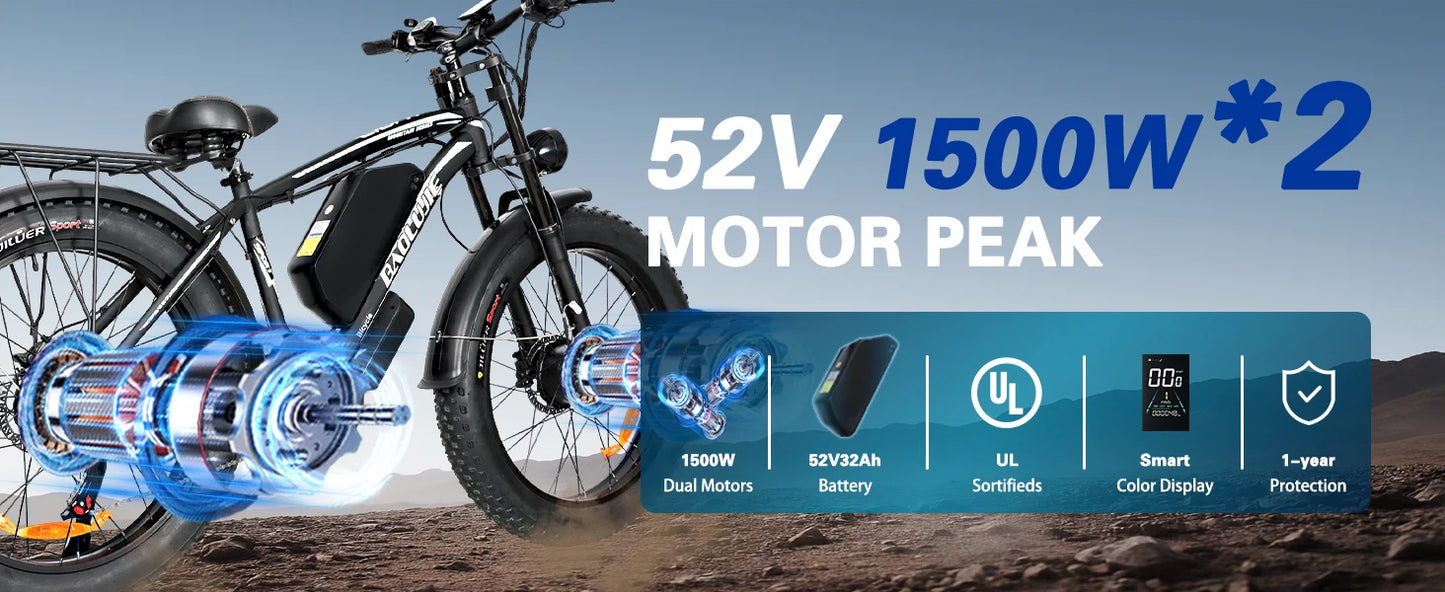 BAOLUJIE Peak 3000W/5000W Dual Motor Electric Bicycle  E-Bike for Adults，Electric Motorcycle 48V/52V Battery，Max Speed 38 MPH