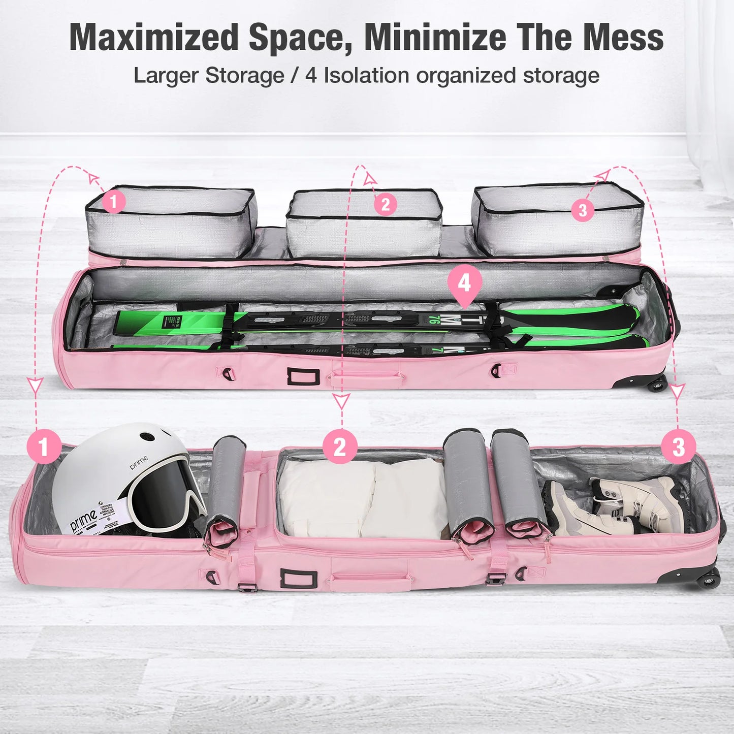 Pink/Black Winter Skiing Bag with Rolling Wheel Padded Polyester Waterproof Bag Adjustable Length 3 Separation Storage Board Bag