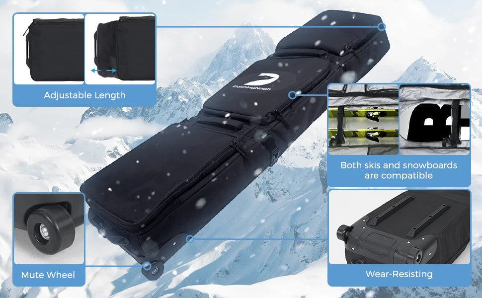 Pink/Black Skiing Bag with Rolling Wheel Padded Polyester Waterproof Portable Board Bag 3 Separation Storage Winter Snow Travels