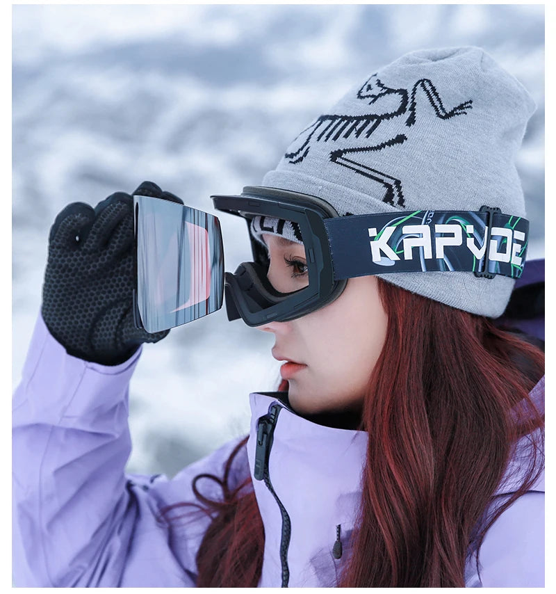 KAPVOE New Photochromic Ski Goggles Snowboard OTG Snow Glasses Magnetic Lens Men Women UV400 Double Layers Lens Anti Fog Skating