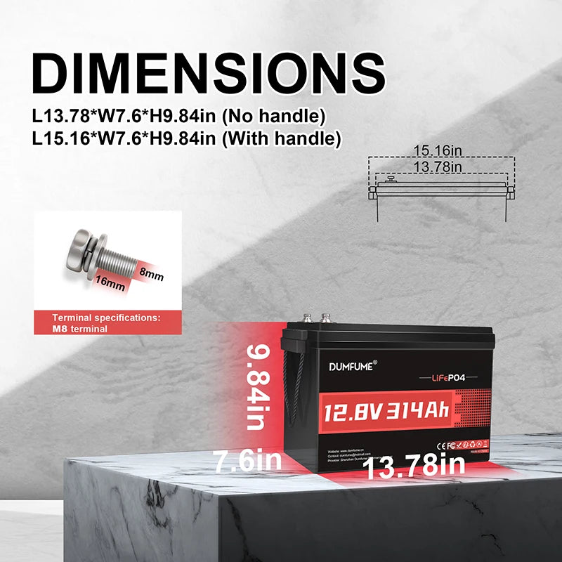 Dumfume 24V 100Ah Lifepo4 Lithium Battery 100A BMS 12V 600Ah/12V 314Ah/12V 100Ah/36V 100Ah Battery Solar RV 1 Year Warranty