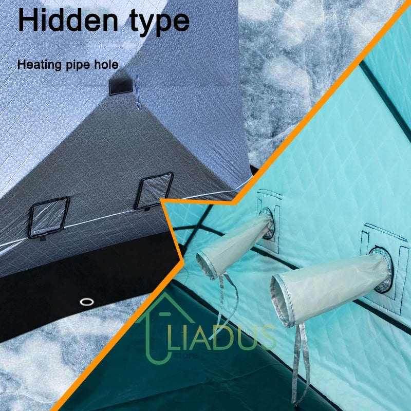 Winter Fishing & Camping Thickened Triangle Cotton Tent Double Door 4 Window Wind/Snowproof Ice Shelter for Outdoor Activities