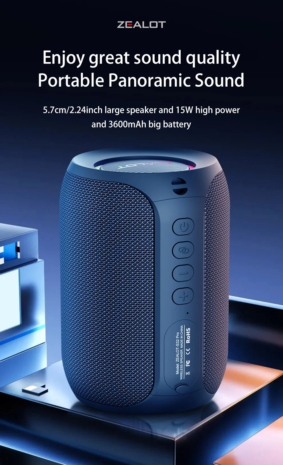 ZEALOT S32 pro Bluetooth Wireless Outdoor Portable Subwoofer Speaker Waterproof IPX6 Dual Pairing 3600mAh Wireless Speaker