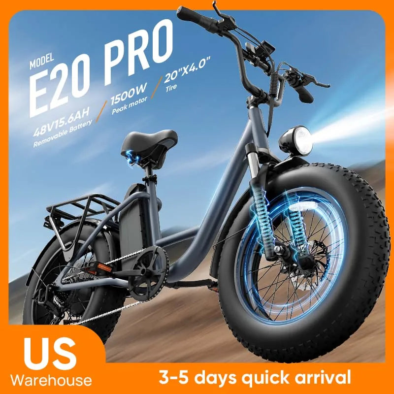 URLIFE E20PRO All-Terrain 20"*4" Fat Tire E-Bike 1500W Motor 48V 15.6Ah Battery 100Mi Range), Color Display & Front Suspension