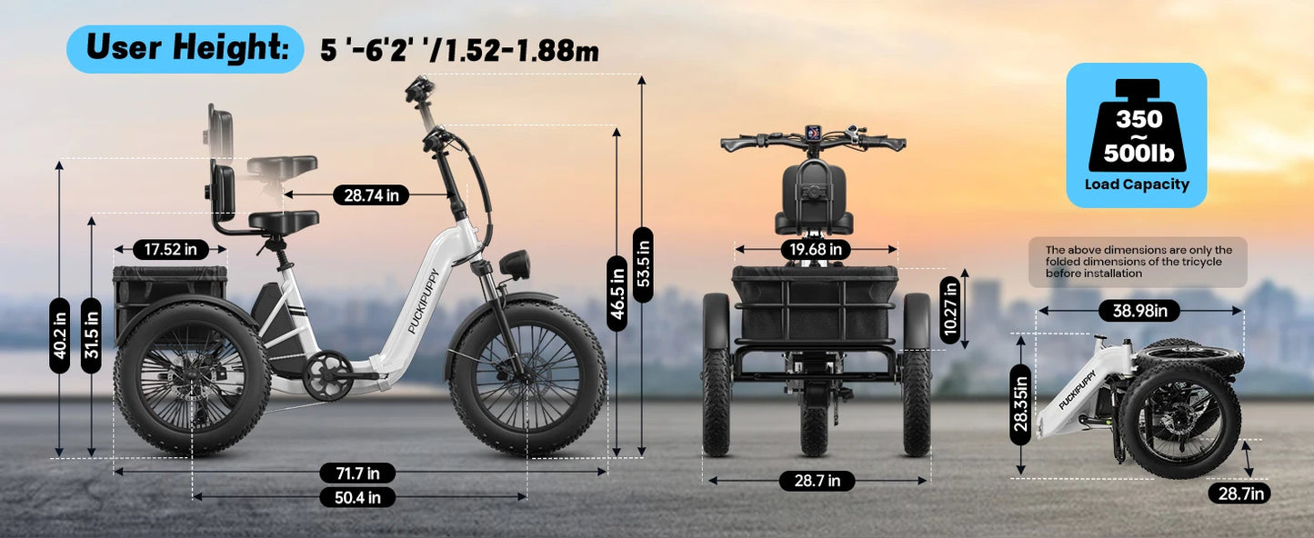 PUCKIPUPPY Husky Electric Trike for Adult 960W Peak Motor 60 Miles Range Tricycle 500 Lbs Load Electric Trike 2-Year Warranty