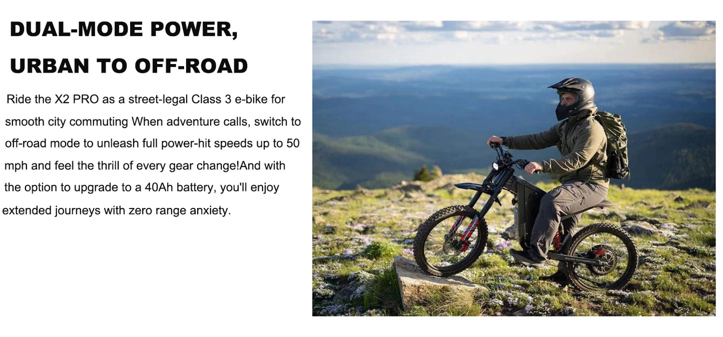 2025 Electric Dirt Bike X2 Pro Electric Motorcycle 6000W(Peak) Motor 1800wh Battery 7 Speed 50MPH Off Road Electric Bicycle