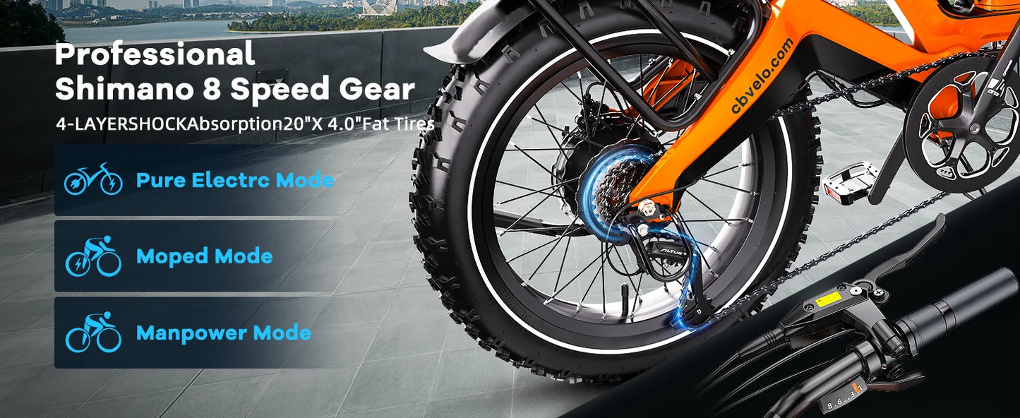 Cybervelo 2000W Peak Folding Electric Bike for Adults, 30+MPH , 48V 25Ah Removable Battery, 20" Fat Tire E-bike ,Off-road EK6