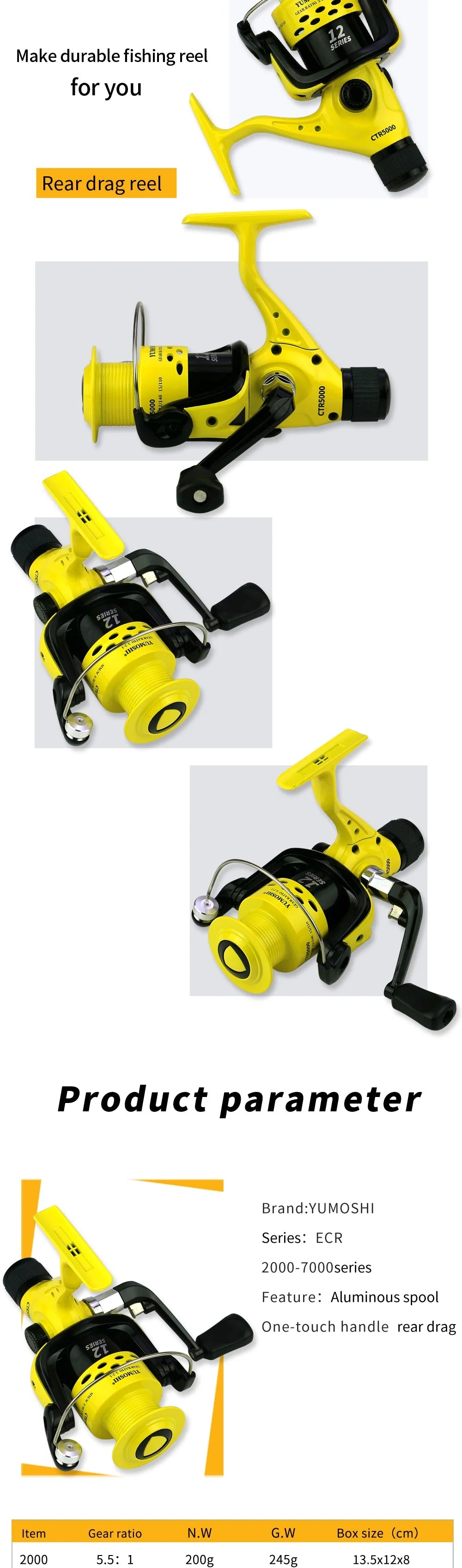 12BB Fishing Reel CTR2000-7000 5.5:1 Foldable Arm Rocker Fish wheel with rear drag