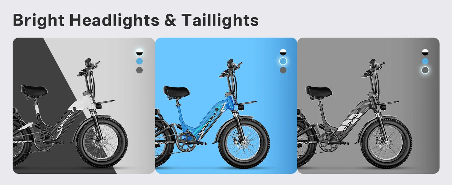 Cybervelo Step-Thru Electric Bike for Adults, 48V 20AH Removable Battery, 20" Fat Tire Shimano 7-Speed Commuter ebike EK12