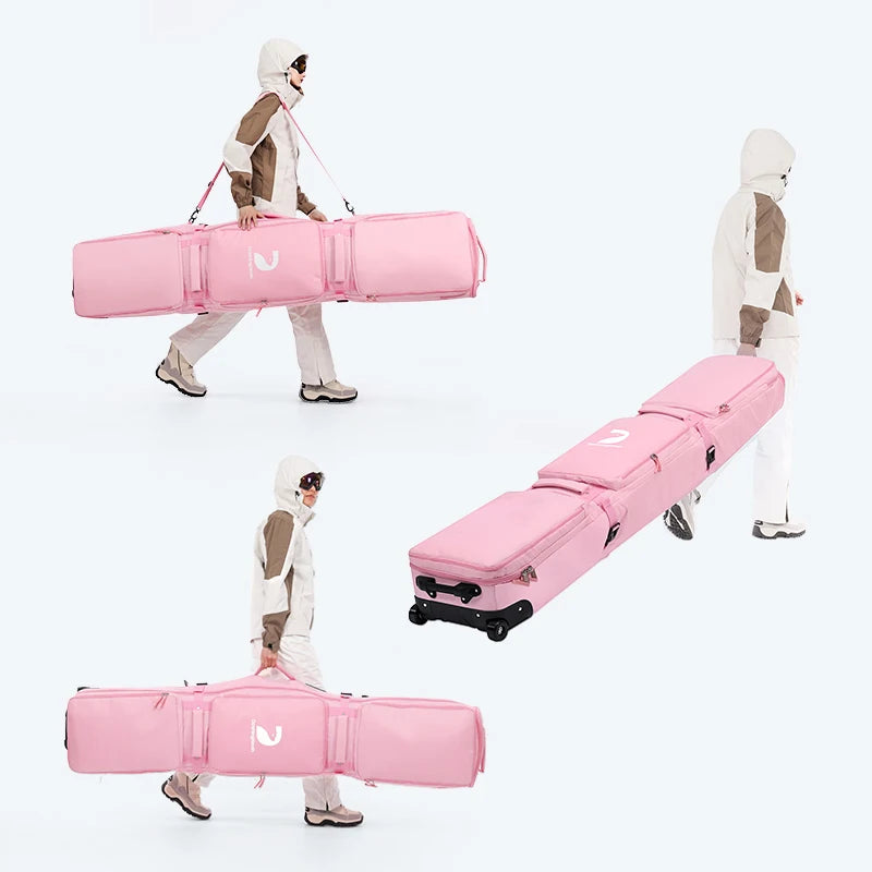 Pink/Black Winter Skiing Bag with Rolling Wheel Padded Polyester Waterproof Bag Adjustable Length 3 Separation Storage Board Bag