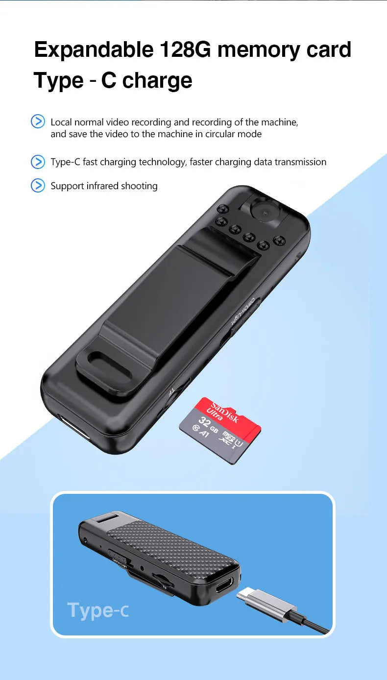 V1 1080P Mini Portable Camera with Back Clip Infrared Night Vision Camera, Suitable for Outdoor Sports and Office Security