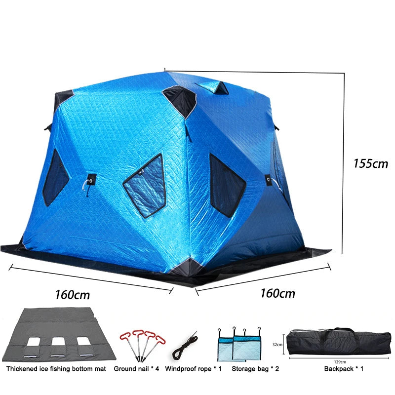 Winter Fishing & Camping Thickened Triangle Cotton Tent Double Door 4 Window Wind/Snowproof Ice Shelter for Outdoor Activities