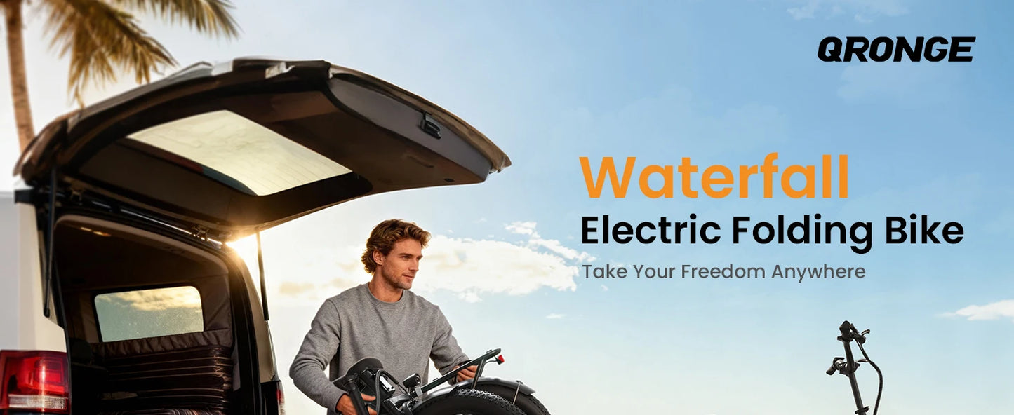 QRONGE Waterfall Folding Electric Bike 1000W Peak 48V 13.5AH Removable Battery Electric Bicycle 20" Fat Tire 28 MPH max E-Bike