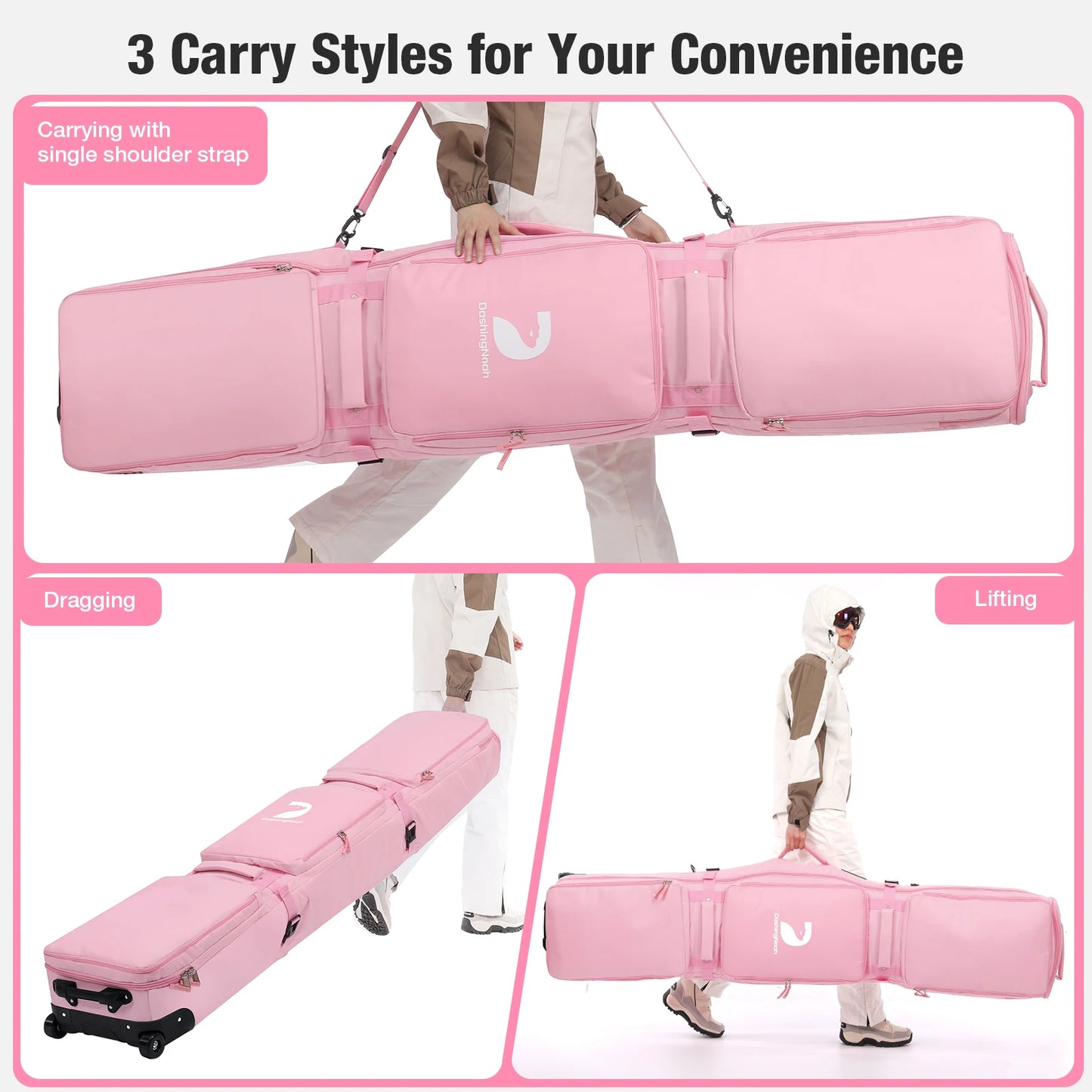 Pink/Black Winter Skiing Bag with Rolling Wheel Padded Polyester Waterproof Bag Adjustable Length 3 Separation Storage Board Bag