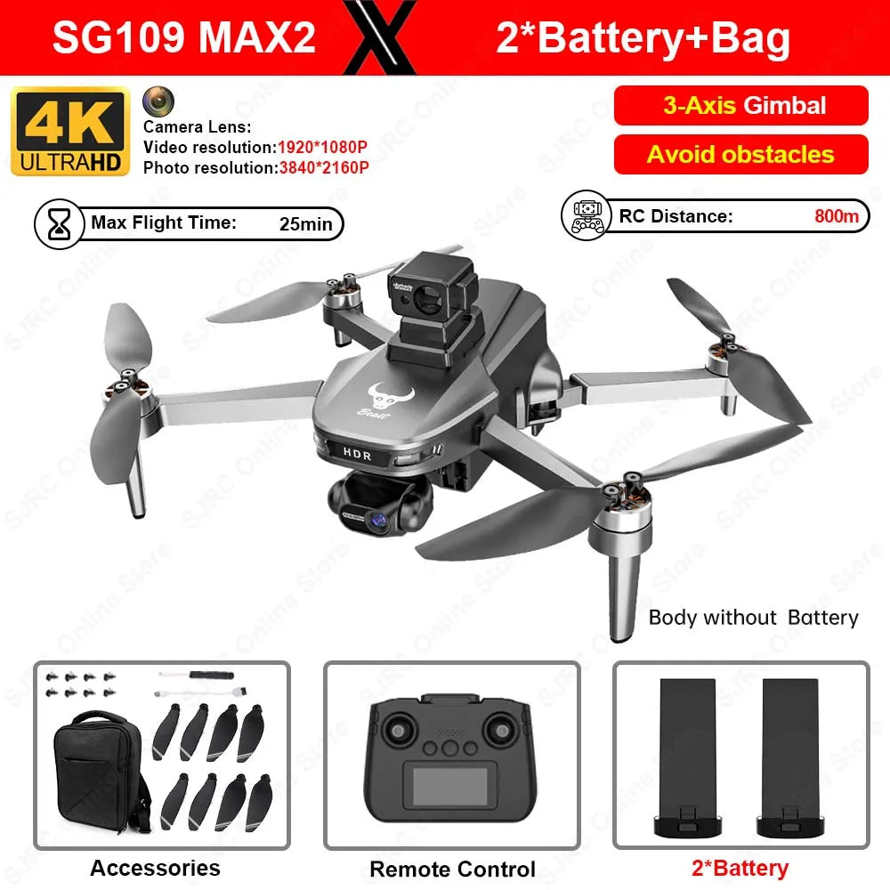 SG109 Max2 Drone With 4K Camera 3 Axis Stabilized Gimbal Mini Drone 360-degree Laser Obstacle Avoidance 4K HD Camera GPS Drones