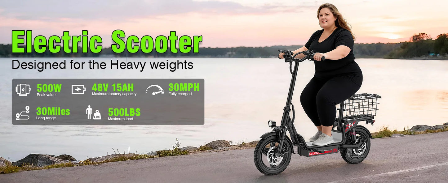 Adult Electric Bike, 500W48V15AH, 30MPH 14 inch Electric Bike, 500lbs Load-bearing with Multiple Shock Absorbers, with Basket