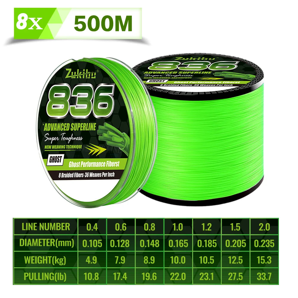 ZUKIBO Ghost 836 500M 8 Strands Braided Fishing Line Advanced Braid PE Line anti-UV Seawater Proof Coating Sinking Fishing Line