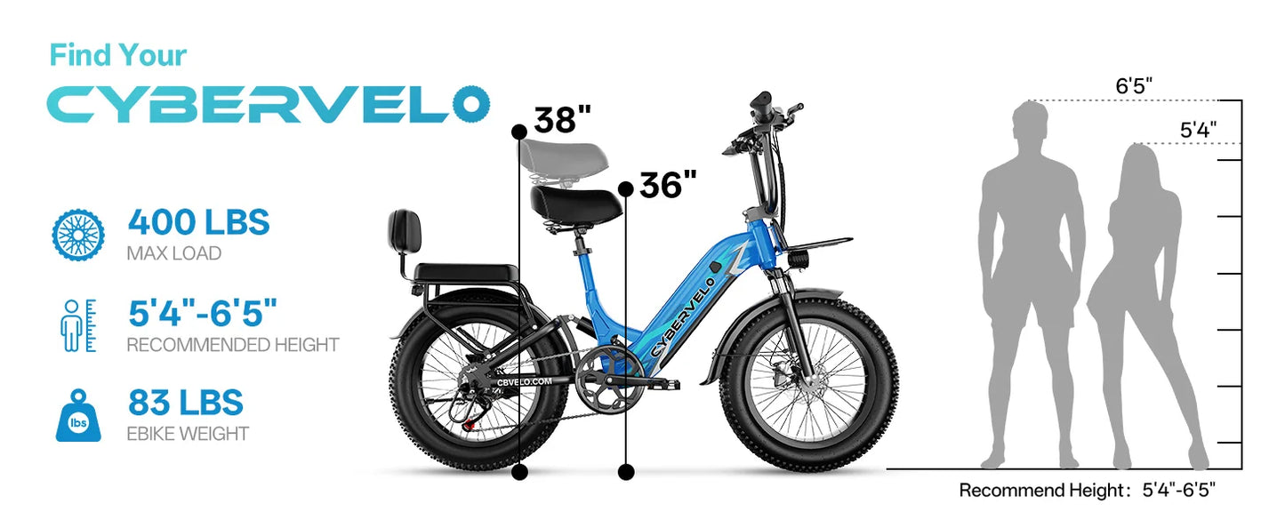 Cybervelo Step-Thru Electric Bike for Adults, 48V 20AH Removable Battery, 20" Fat Tire Shimano 7-Speed Commuter ebike EK12