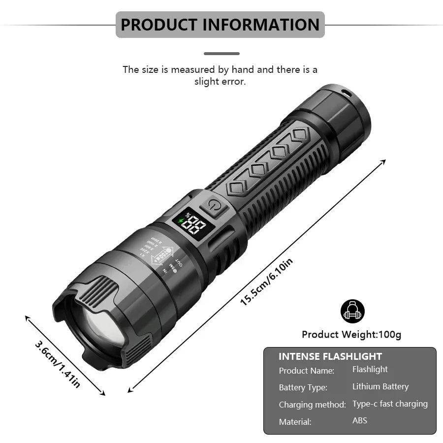 High Power 1000LM LED Flashlight Built-in Battery USB Rechargeable Strong Light Tactical Torch Outdoor Camping Hiking Lantern