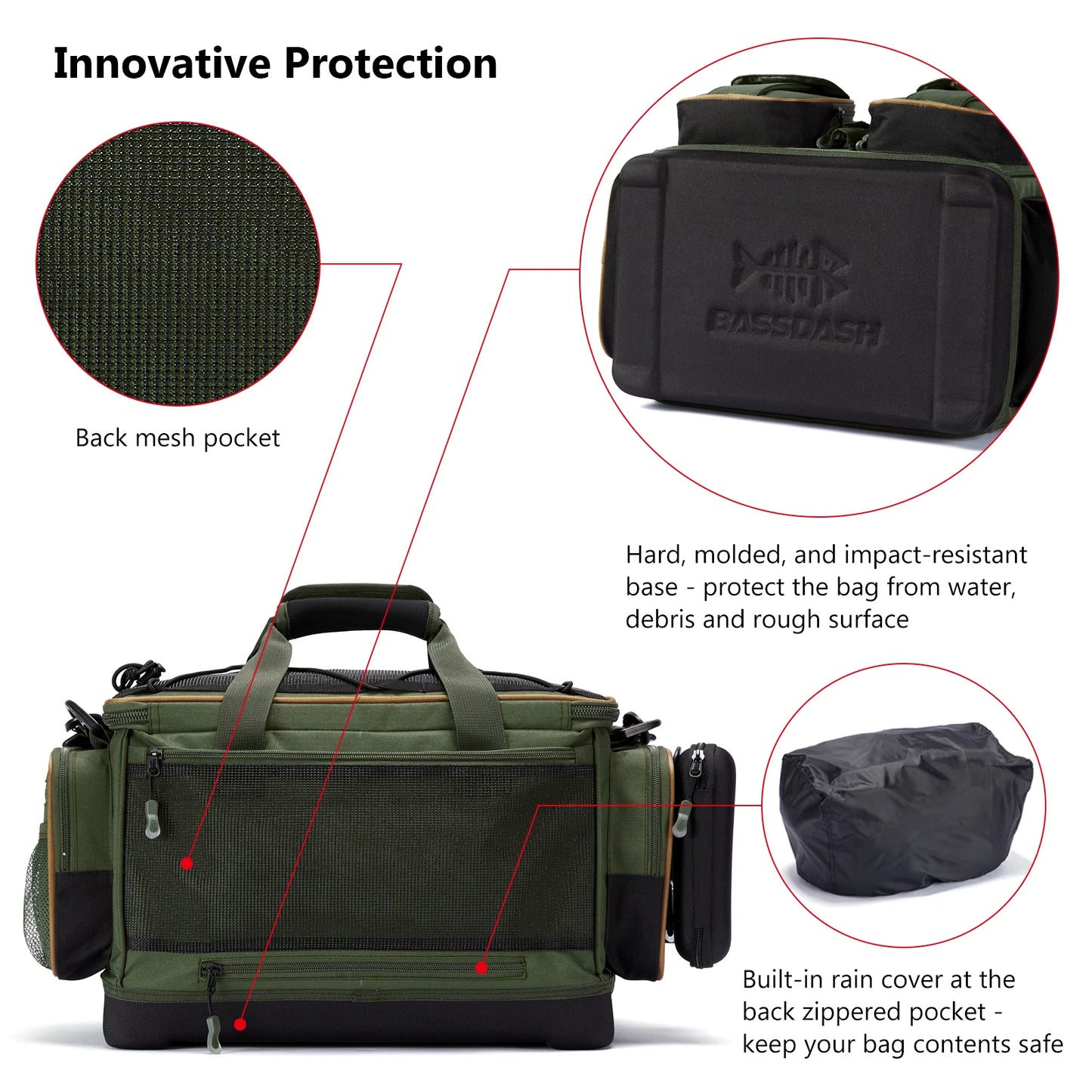 BASSDASH Fishing Tackle Shoulder Bag Water Resistant Lightweight Gear Storage Pack with Hard Molded Bottom Rain Cover