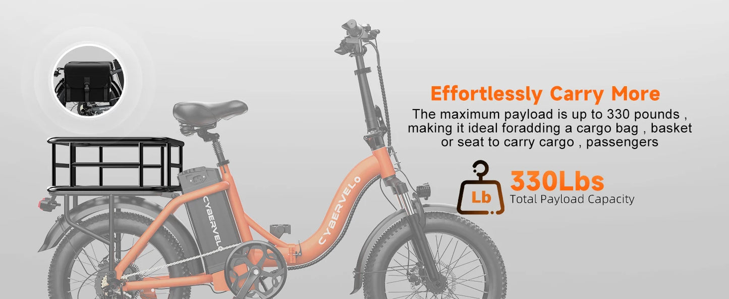 Cybervelo 1000W ebike for adults, 20A Large Removable Battery, Foldable Electric Bike, 20" Fat Tire ebike for all terrain